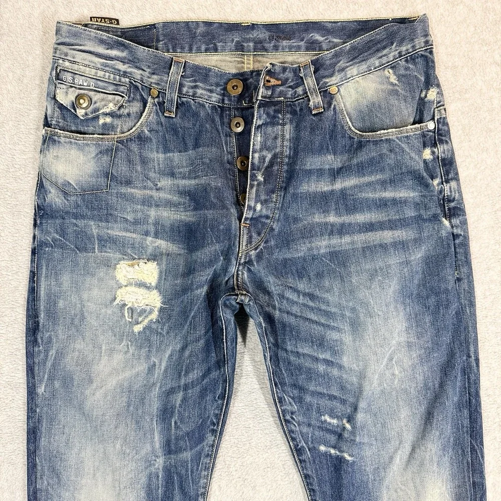 G-Star Raw 3301 Morris Tapered Mens Jeans 32x32 Distressed Thrash Aged Italy - Picture 2 of 10
